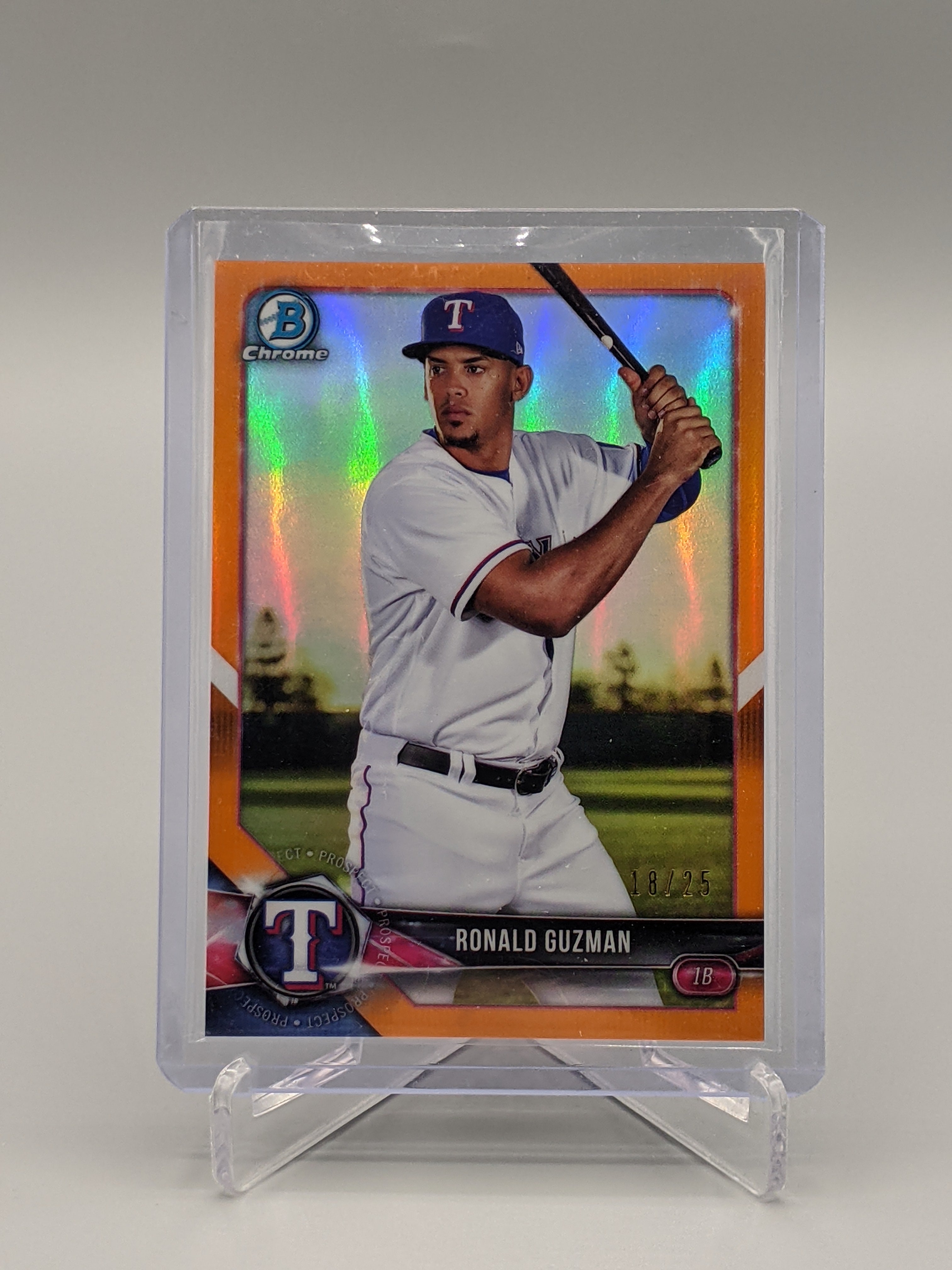 2018 Bowman Chrome Orange #BCP122 Ronald Guzman #/25 Rangers