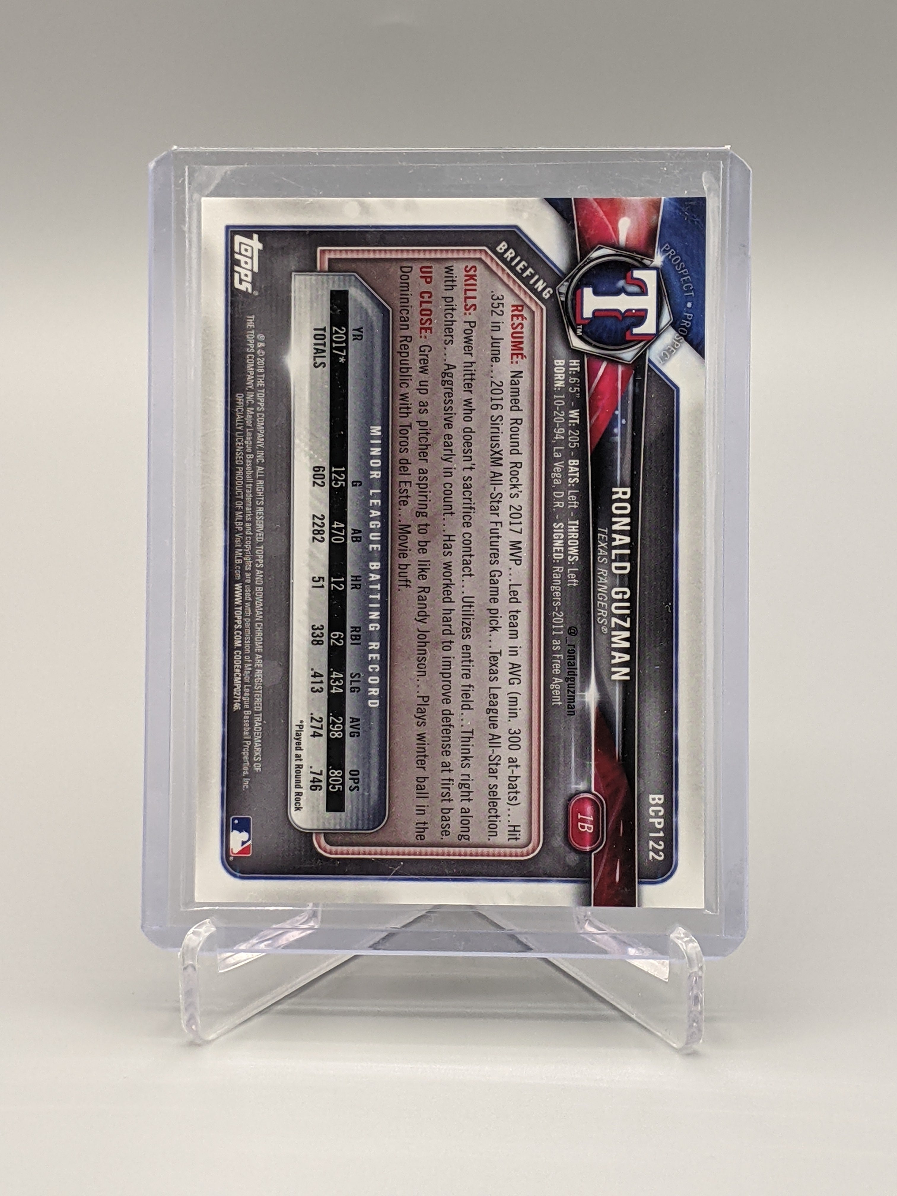 2018 Bowman Chrome Orange #BCP122 Ronald Guzman #/25 Rangers