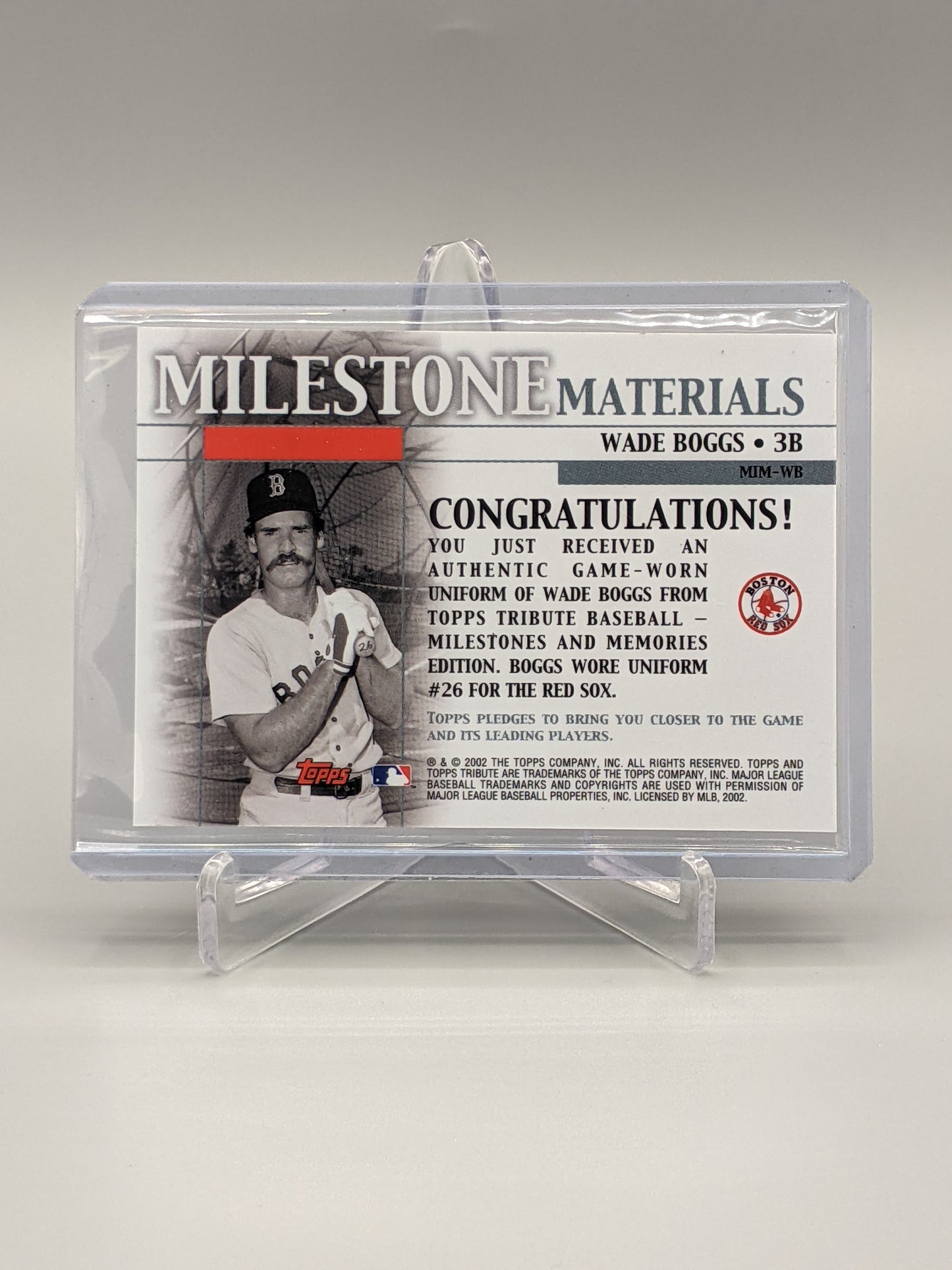 2002 Topps Tribute Milestone Materials #MIM-WB Wade Boggs Red Sox