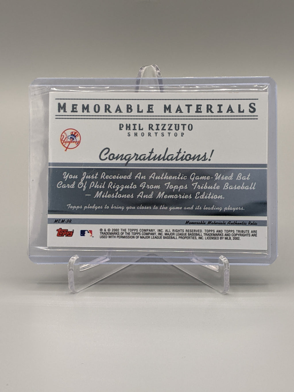 2002 Topps Tribute Memorable Materials #MCM-PR Phil Rizzuto Yankees