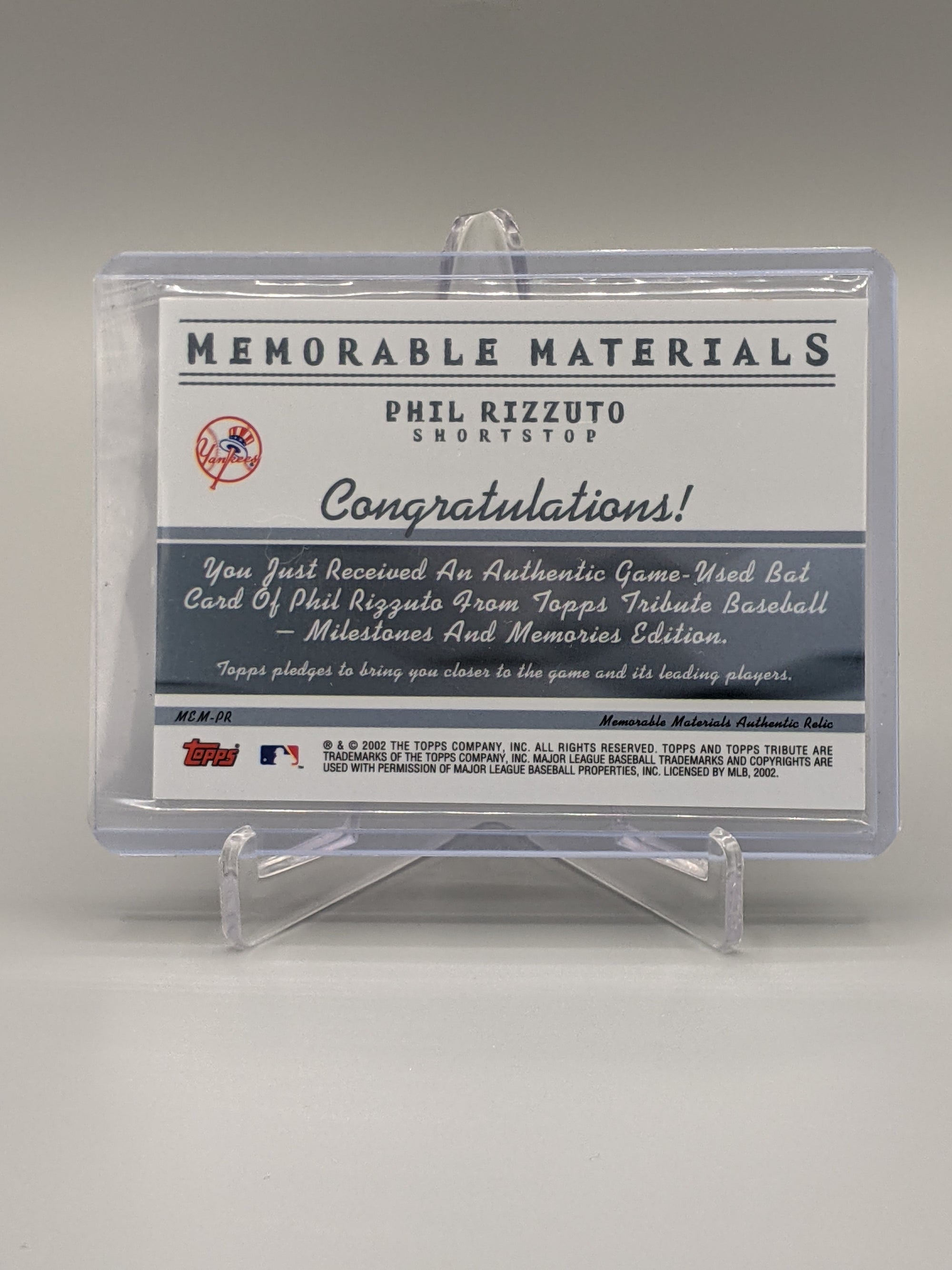 2002 Topps Tribute Memorable Materials #MCM-PR Phil Rizzuto Yankees