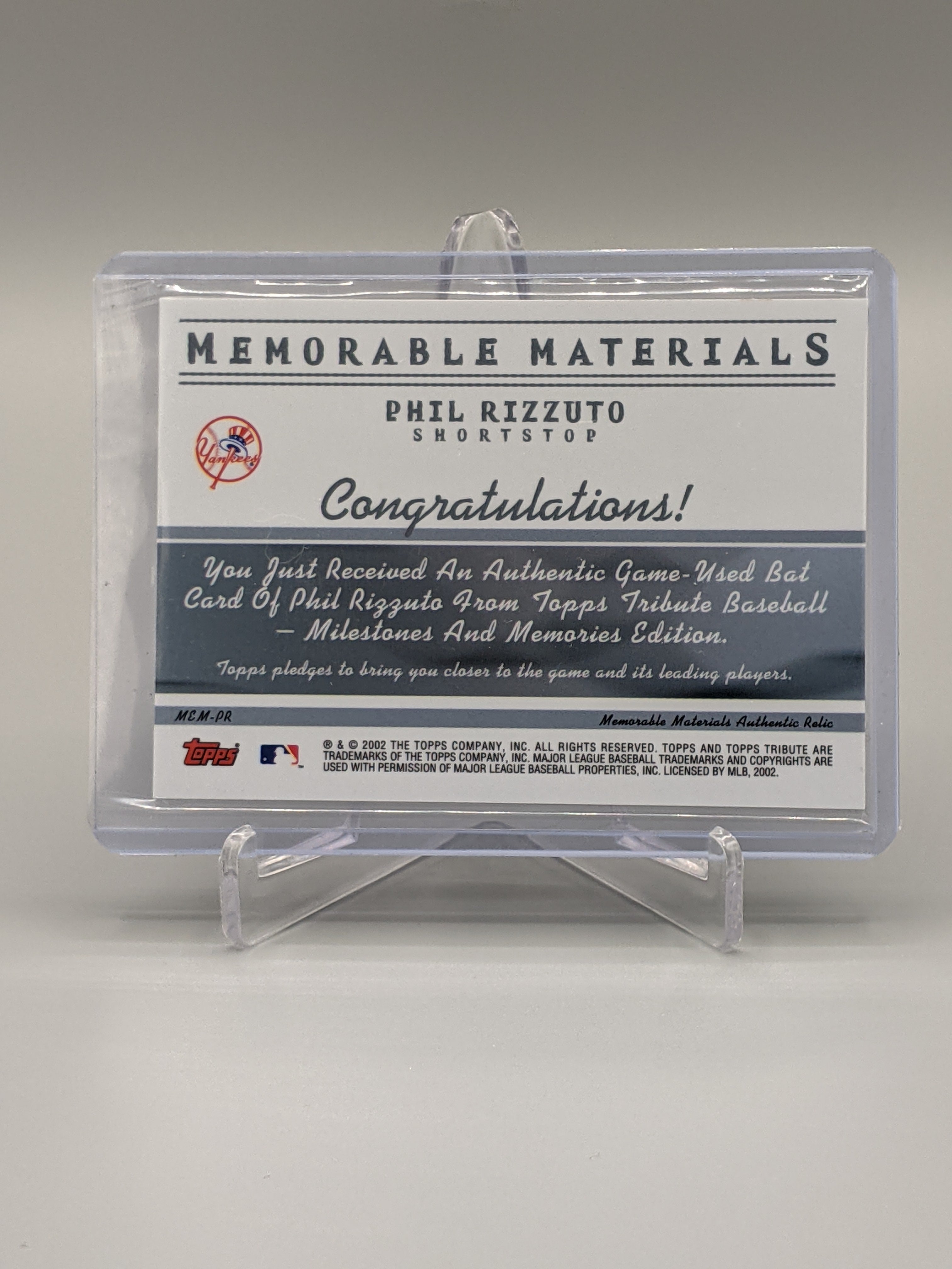 2002 Topps Tribute Memorable Materials #MCM-PR Phil Rizzuto Yankees