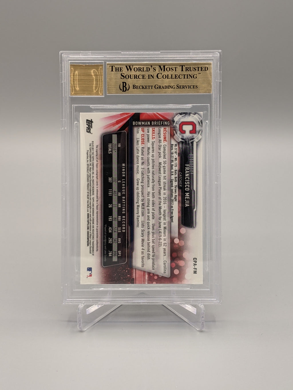 2017 Bowman Chrome Prospects Auto #CPA-FM Francisco Mejia BGS 9.5 Indians (BD)