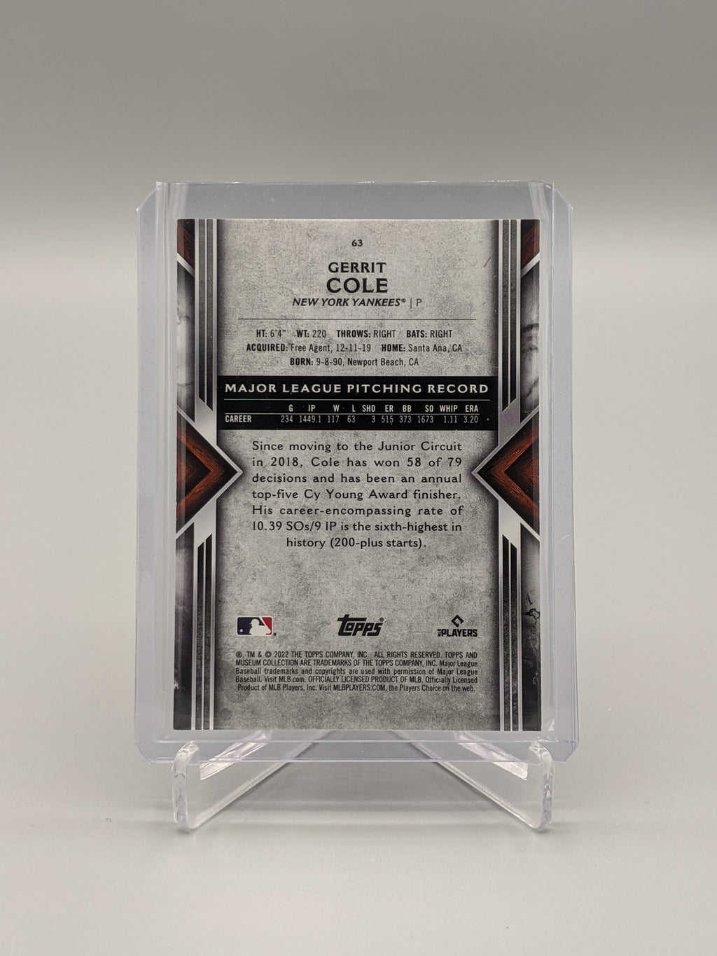 2022 Topps Museum Collection #63 Gerrit Cole Yankees