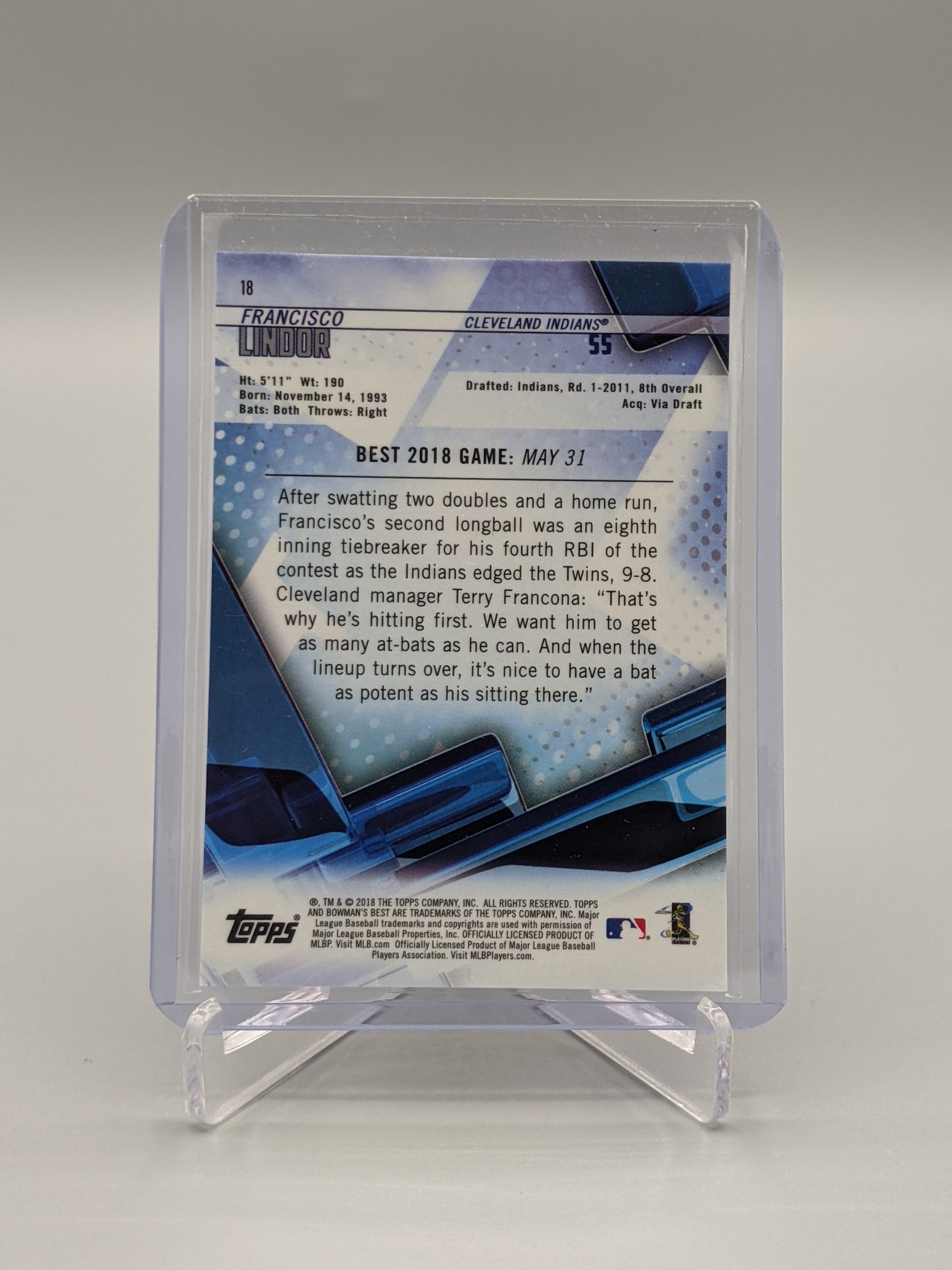 2018 Bowman's Best Purple Refractor #18 Francisco Lindor #/250 Indians