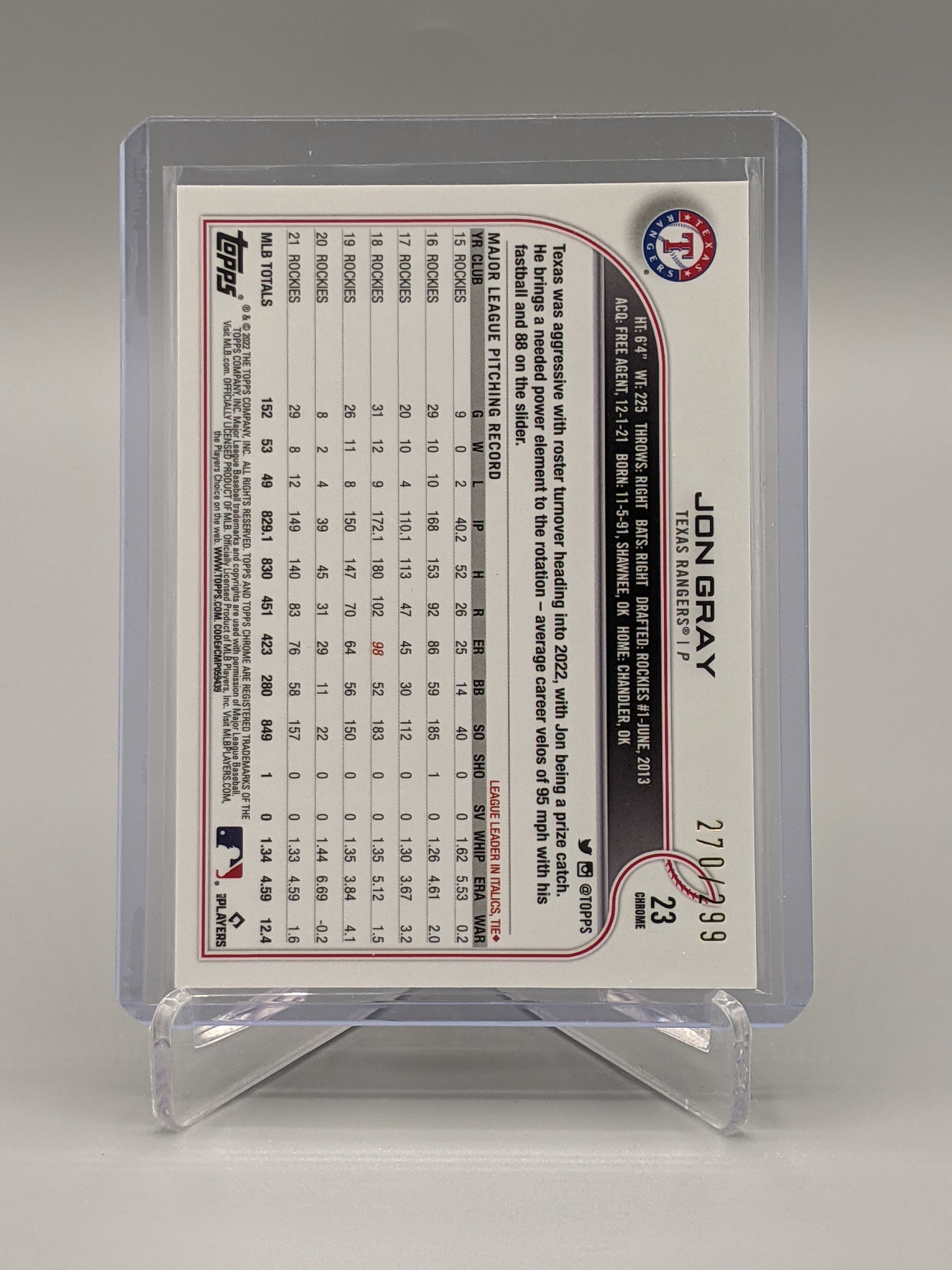 2022 Topps Chrome Sonic Purple Yellow Pulse #23 Jon Gray #/299 Rangers