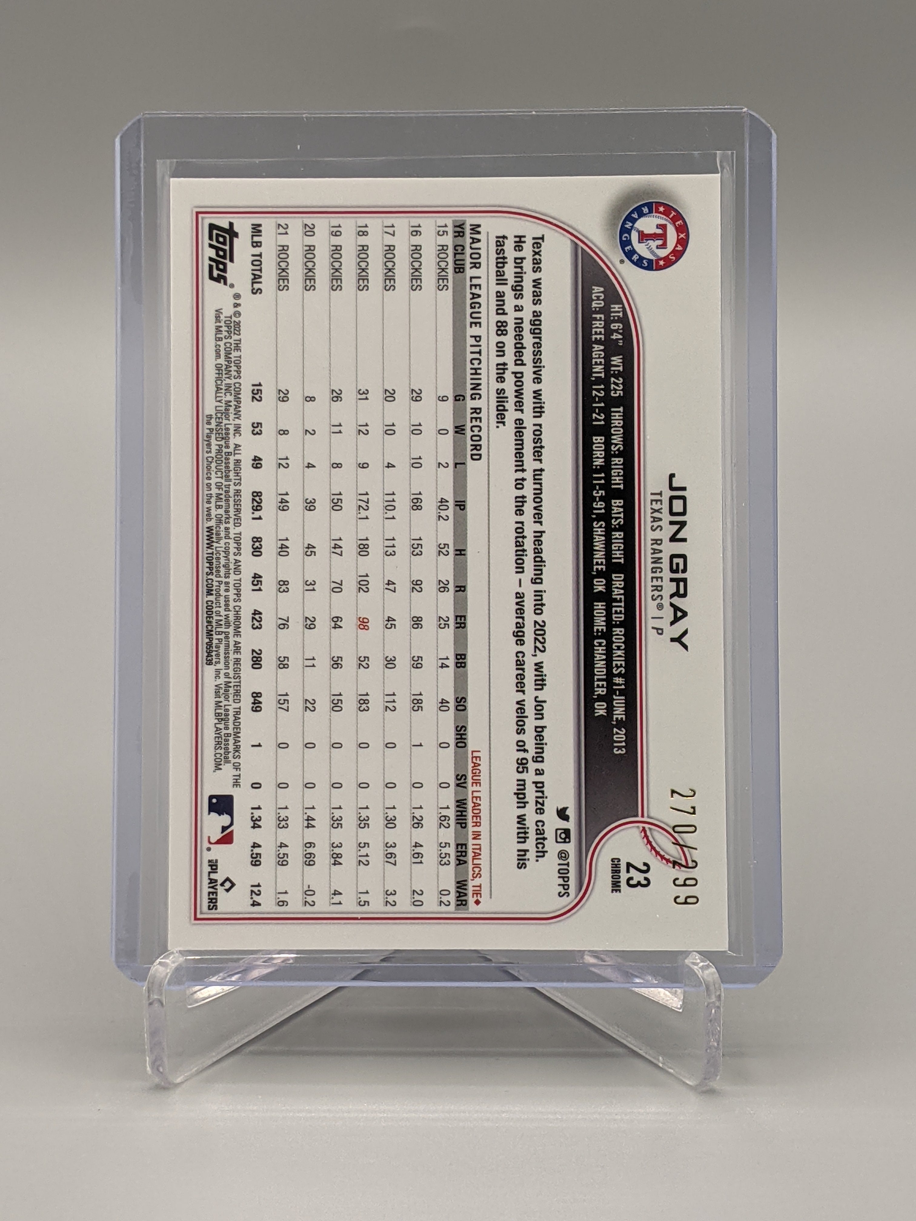 2022 Topps Chrome Sonic Purple Yellow Pulse #23 Jon Gray #/299 Rangers