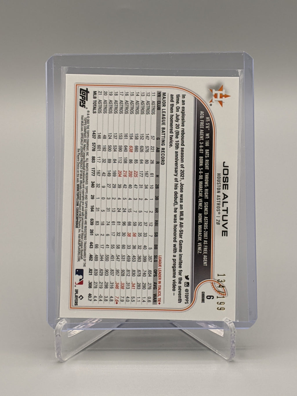 2022 Topps Chrome Sonic Aqua Pink Pulse #6 Jose Altuve #/199 Astros