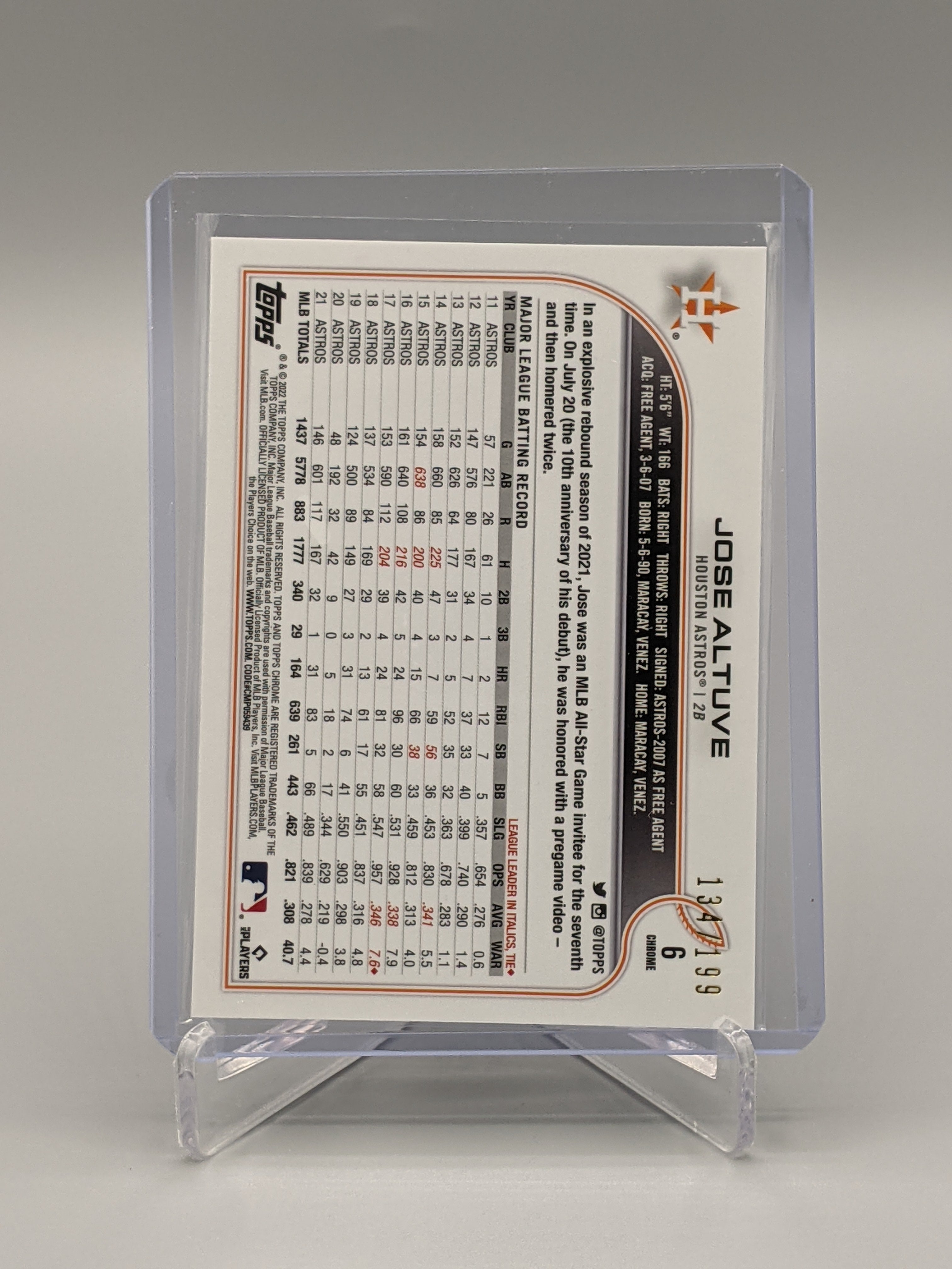 2022 Topps Chrome Sonic Aqua Pink Pulse #6 Jose Altuve #/199 Astros