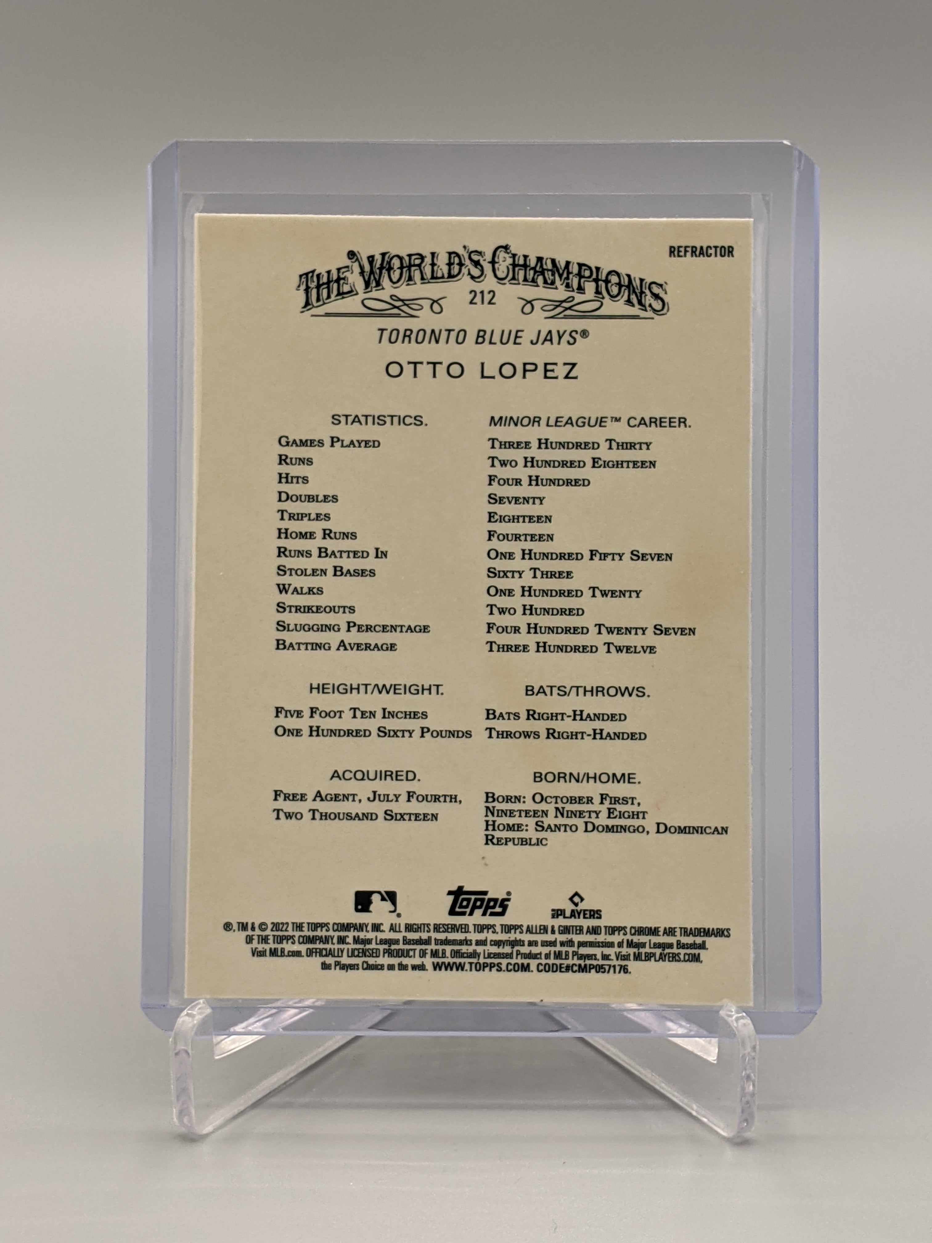 2022 Topps Allen & Ginter Chrome Refractor #212 Otto Lopez RC Blue Jays