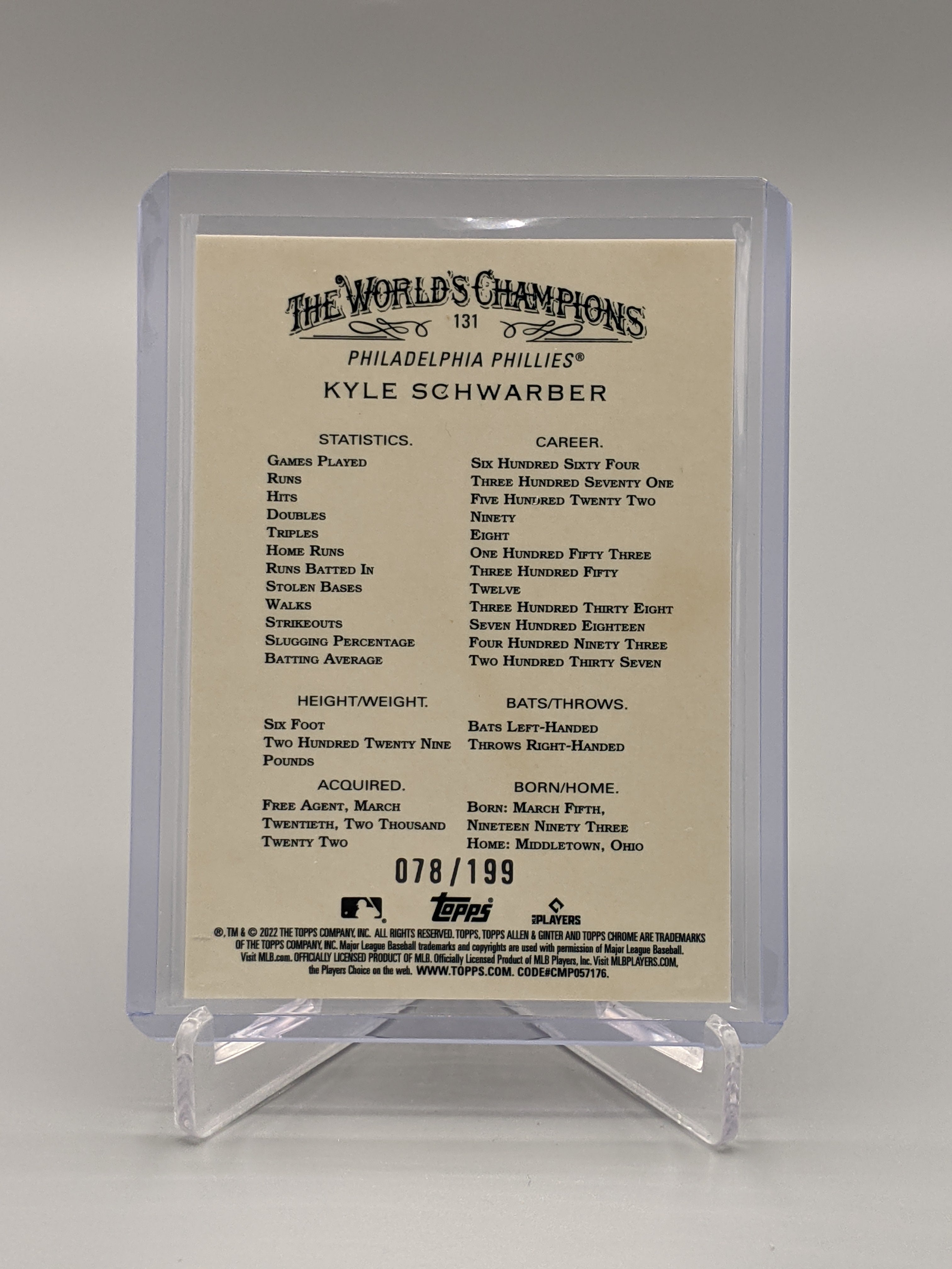 2022 Topps Allen & Ginter Chrome Magenta Refractor #131 Kyle Schwarber #/199 Phillies