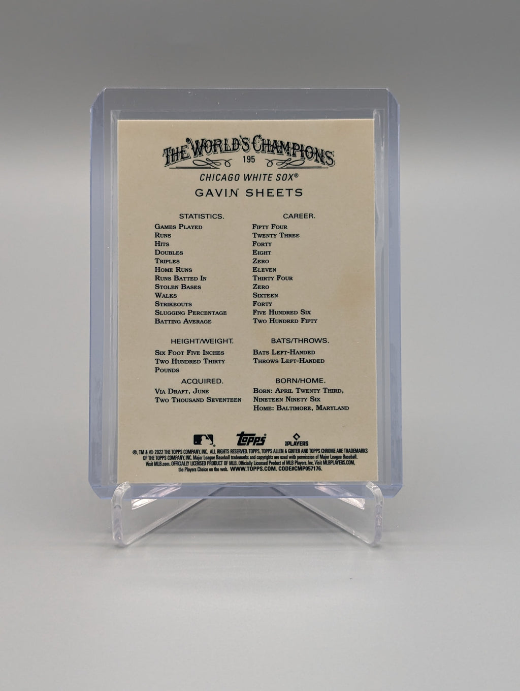 2022 Topps Allen & Ginter Chrome #195 Gavin Sheets RC White Sox