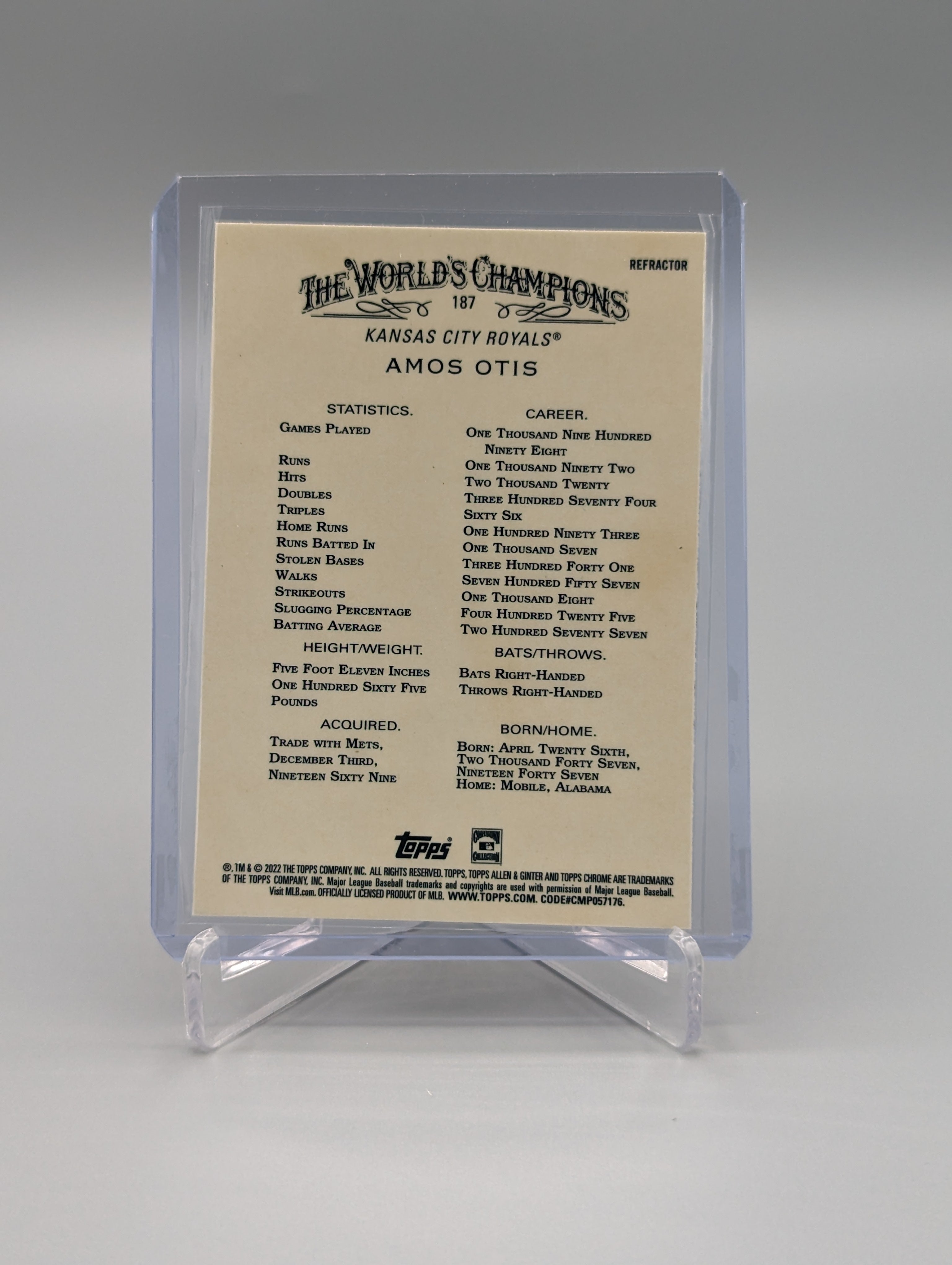 2022 Topps Allen & Ginter Chrome Refractor #187 Amos Otis Royals