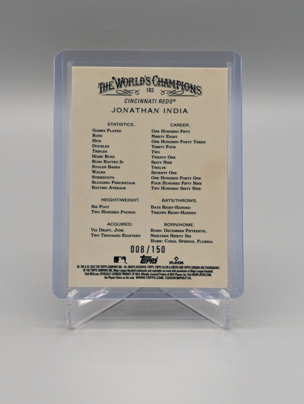 2022 Topps Allen & Ginter Chrome Blue Refractor #182 Jonathan India Reds #/150