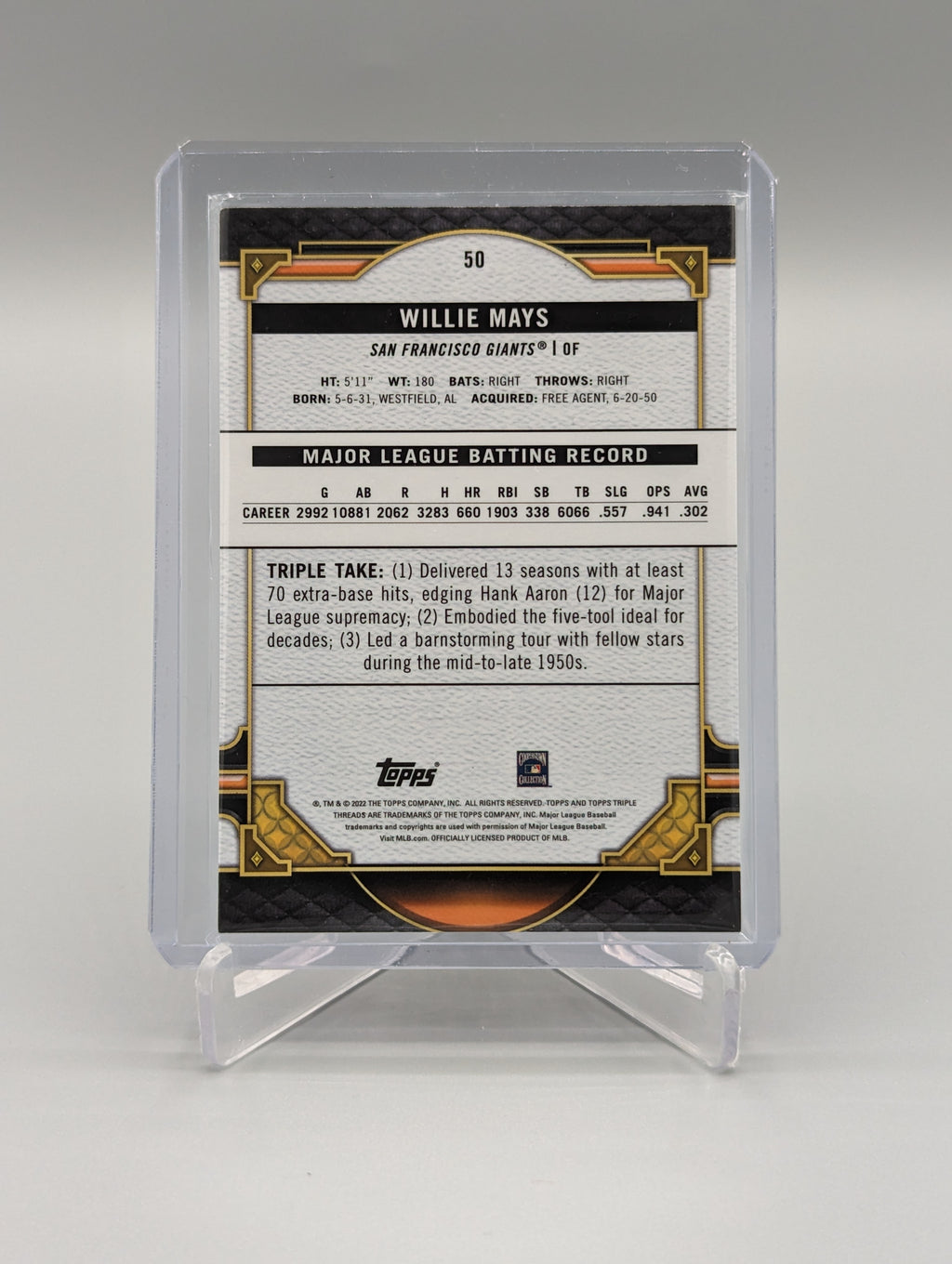 2022 Topps Triple Threads Amethyst #50 Willie Mays #/299 Giants