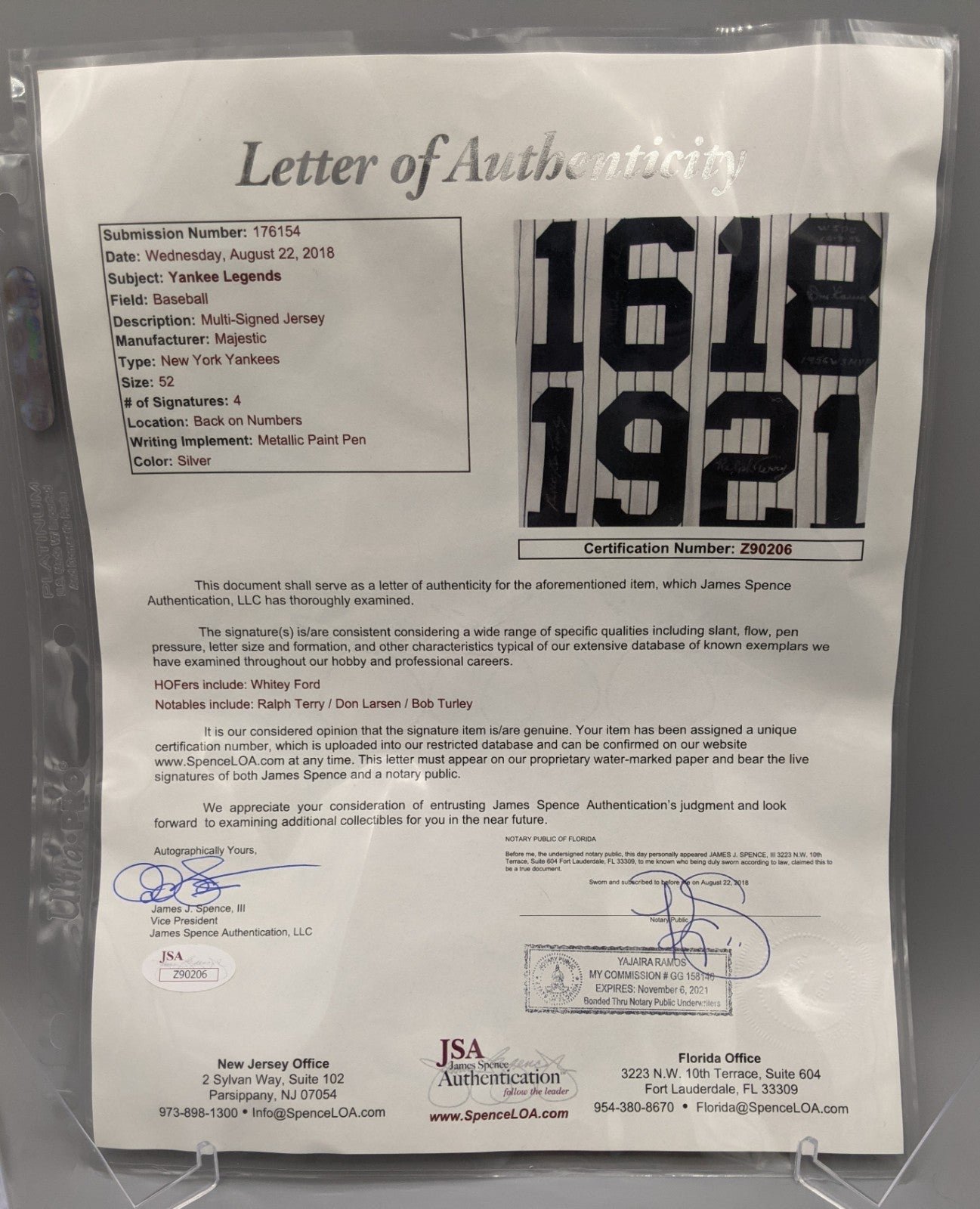 1956 Yankees WS Jersey Auto W. Ford/ R. Terry/D. Larson/B. Turley